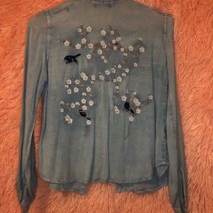Jean button up with flower tree detail on back